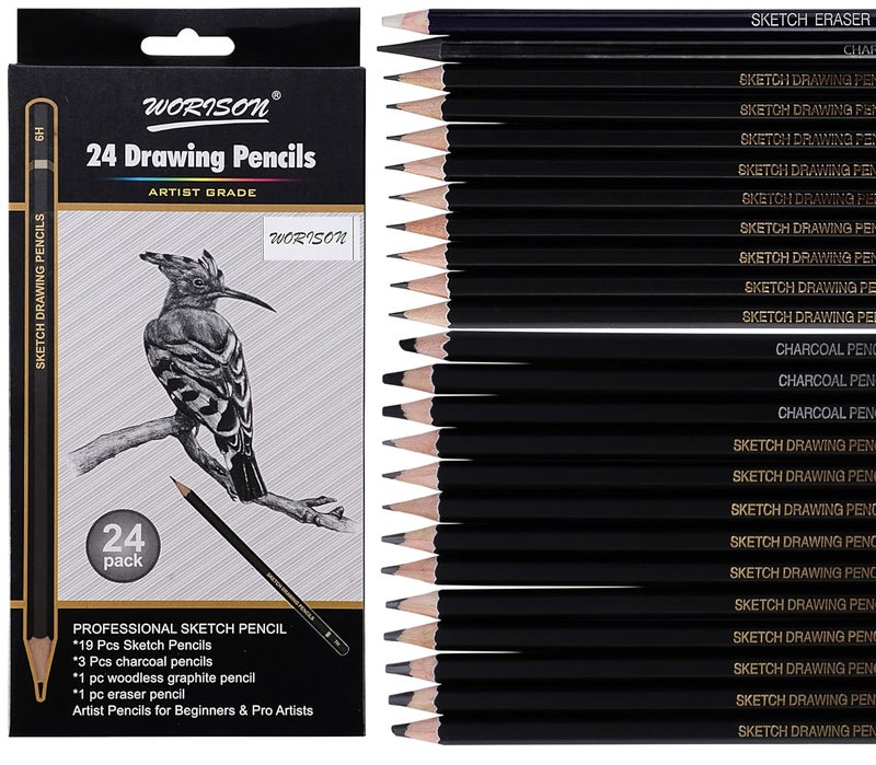 worison Drawing And Sketching Pencils 24 Pencil Set of 19 sketch pencils 3 charcoal pencils 1 graphite pencil and 1 eraser pencil - Image 2
