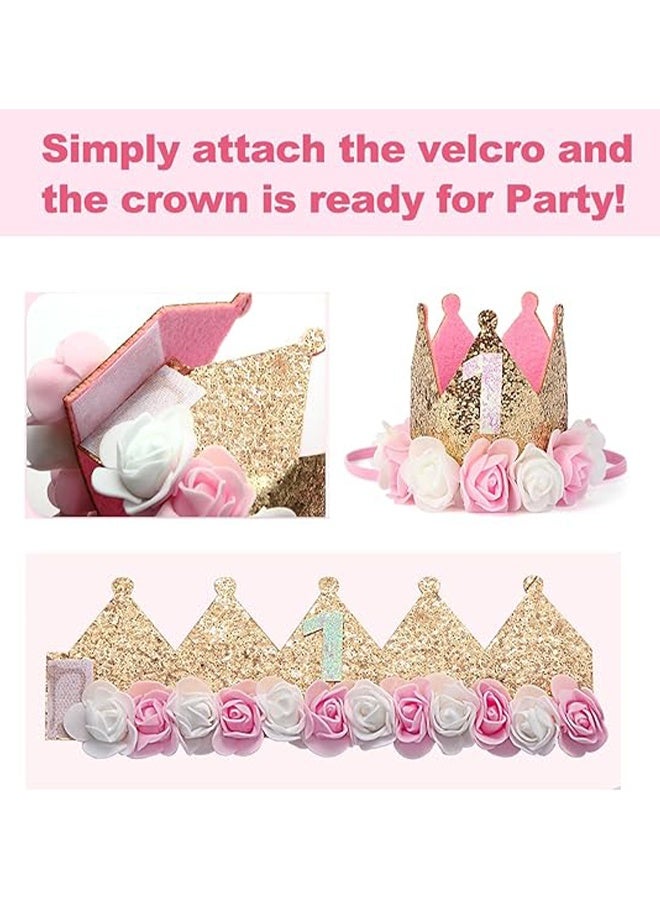 Baby Birthday Crown, Princess Crowns Tiara Girls Party Hat With Gold Glitter and Pink Roses for Birthday Party - Image 2