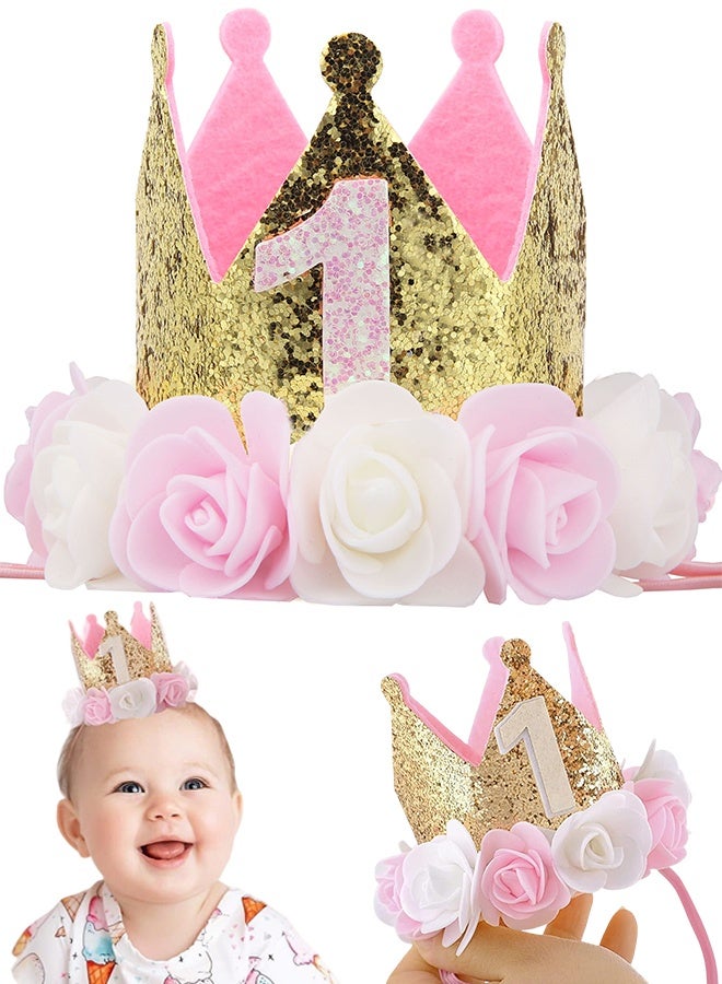 Baby Birthday Crown, Princess Crowns Tiara Girls Party Hat With Gold Glitter and Pink Roses for Birthday Party - Image 1