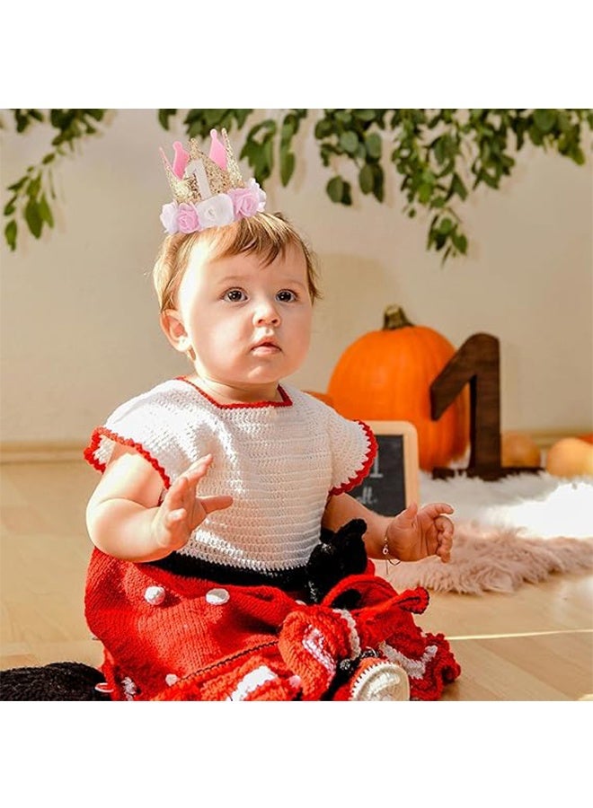 Baby Birthday Crown, Princess Crowns Tiara Girls Party Hat With Gold Glitter and Pink Roses for Birthday Party - Image 5