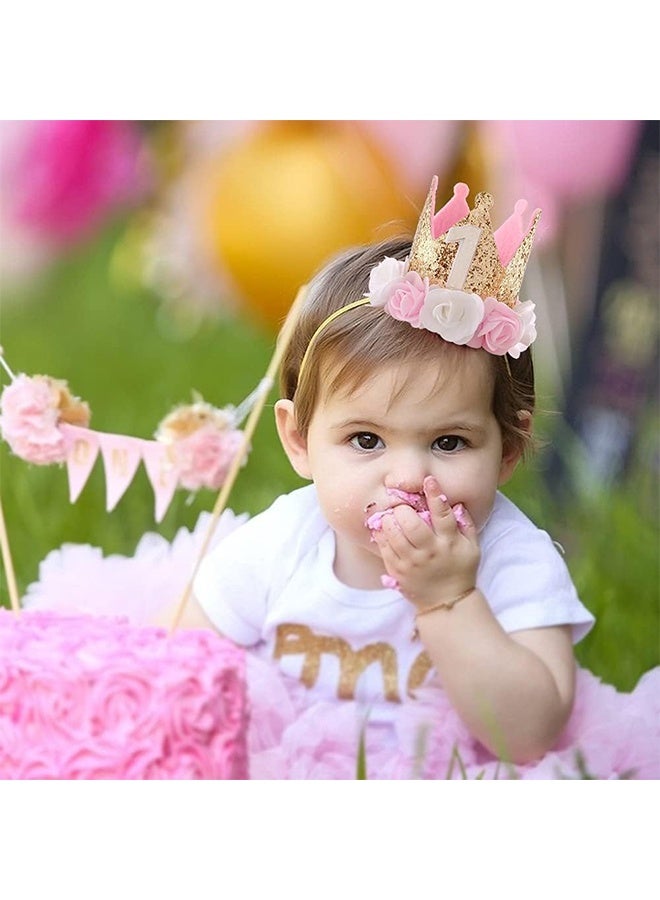 Baby Birthday Crown, Princess Crowns Tiara Girls Party Hat With Gold Glitter and Pink Roses for Birthday Party - Image 4