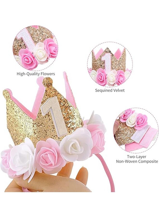 Baby Birthday Crown, Princess Crowns Tiara Girls Party Hat With Gold Glitter and Pink Roses for Birthday Party - Image 3