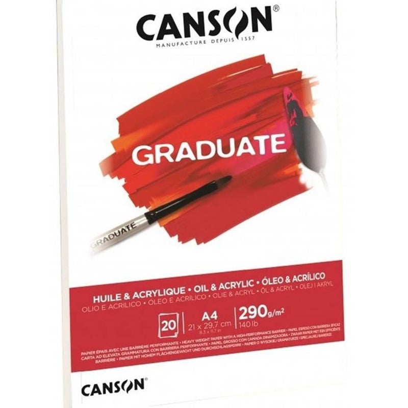 CANSON Graduate Oil and Acrylic 290gsm A5 Paper NonWoven Pad Glued Short Side 20 Natural White Sheets Ideal for Student Artists