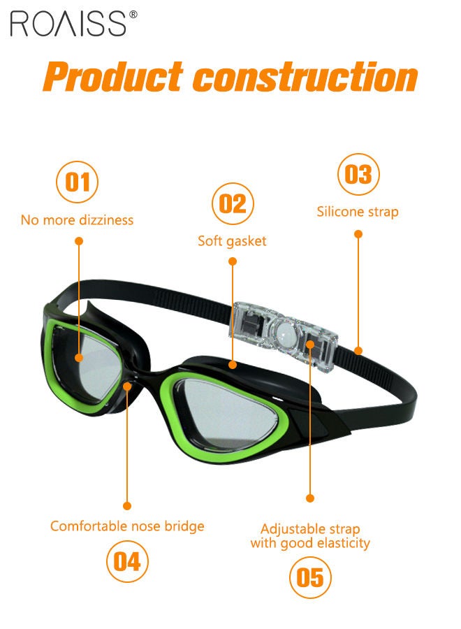 رويس نظارات سباحة للكبار مع حشية سيليكون ناعمة، مضادة للضباب ولا تتسرب، نظارات سباحة واضحة الرؤية، نظارات سباحة للشاطئ للرجال والنساء، أسود وأخضر - Image 3