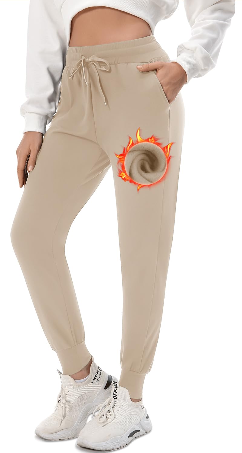 FULLSOFT Fleece Lined Sweatpants for Women-Thermal Athletic Joggers with Pockets Yoga Pants for Running Winter(Light Khaki,Large) - Image 1