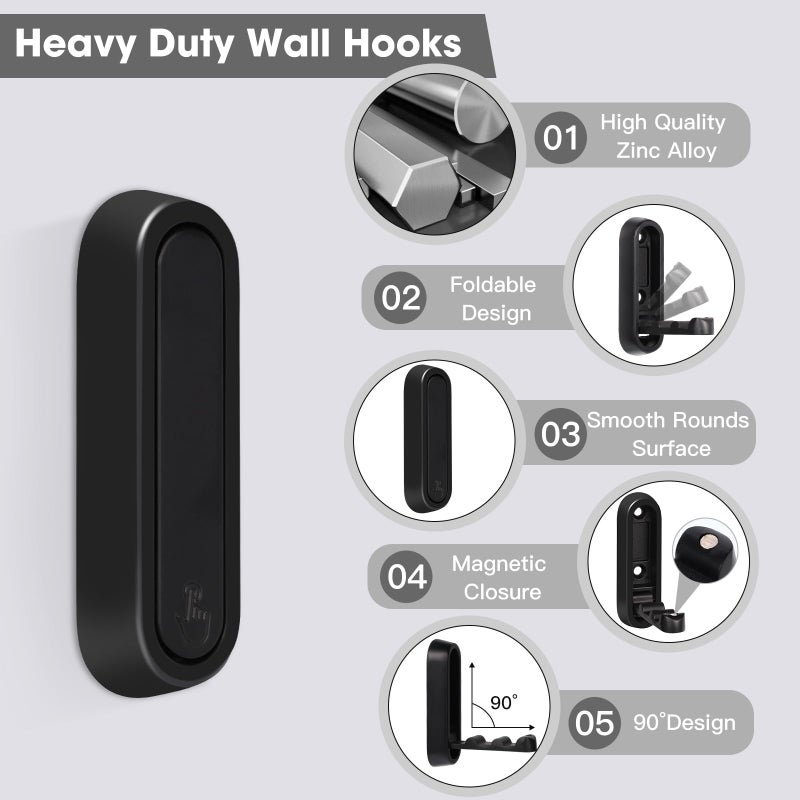 Dntorx Folding Wall Hooks, 2 Pcs Foldable Black Coat Hooks Heavy Duty Foldable Hook Bathroom Towel Hooks Robe Hooks Wall Mounted For Hanging Coat Towels Clothes Hat Bags Keys - Image 2
