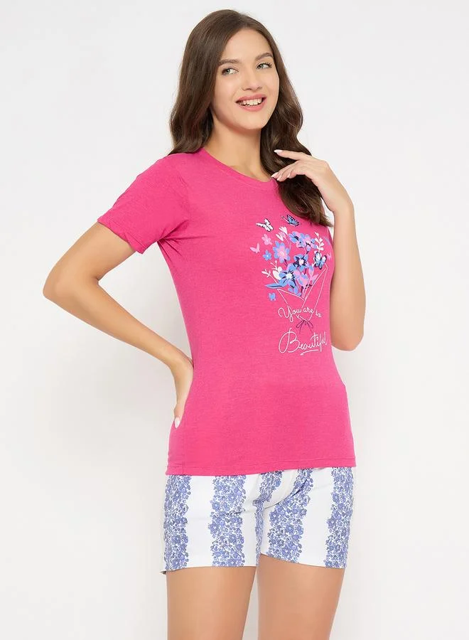 Clovia Clovia Floral Print Short Sleeve T-Shirt and Shorts Set