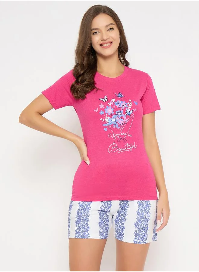 Clovia Clovia Floral Print Short Sleeve T-Shirt and Shorts Set