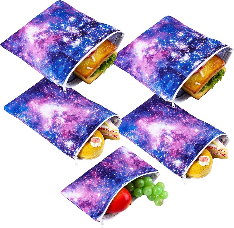 klarako 5 Pieces Reusable Sandwich and Snack Bags Safe, Snack Bags with Zipper for Store Preserves, Snacks and Sandwiches, with 2 Large 2 Medium and 1 Small Bags (Galaxy Lklarako Pattern) - Image 1