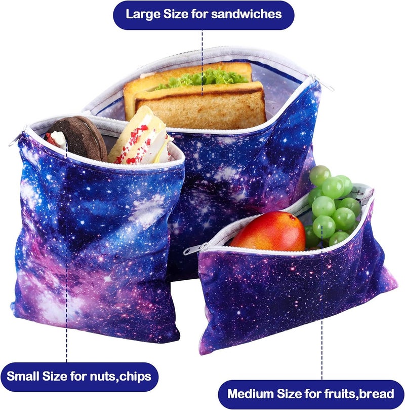 klarako 5 Pieces Reusable Sandwich and Snack Bags Safe, Snack Bags with Zipper for Store Preserves, Snacks and Sandwiches, with 2 Large 2 Medium and 1 Small Bags (Galaxy Lklarako Pattern) - Image 3