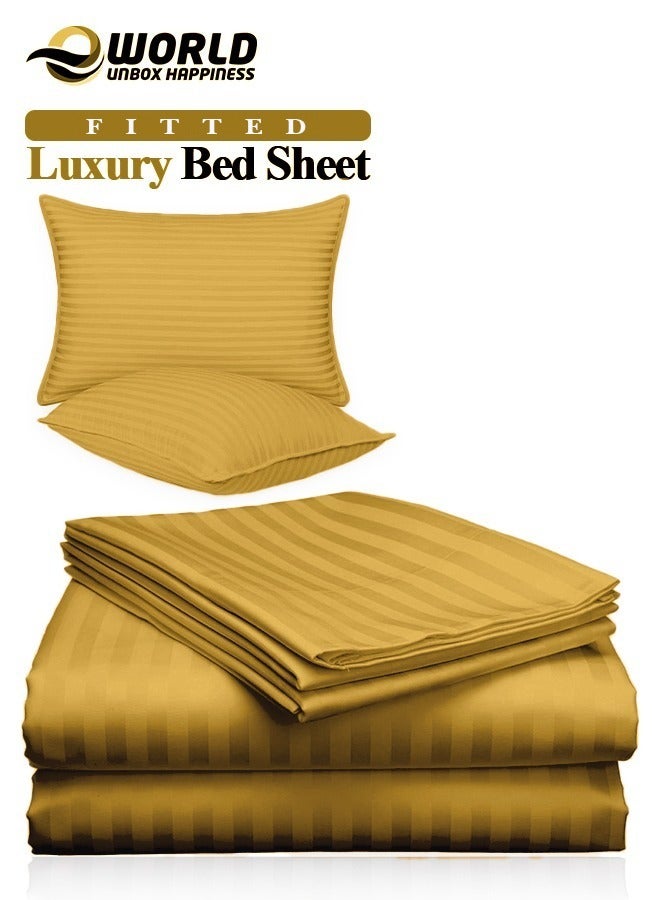 Eworld 3 Piece Luxury Gold Striped Bed Sheet Set with 1 Deep Pocket Fitted Sheet and 2 Pillowcases for Hotel and Home Crafted from Ultra Soft and Breathable Cotton for Year-Round Comfort, (Single/Double)  - Image 1