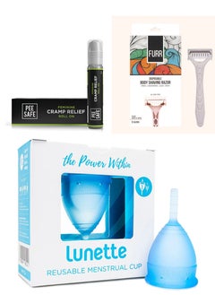 Disposable Body Shaving Razor (Pack of 5) + Menstrual Cup Reusable Model 1 Menstrual Cup for Light Flow Blue + Feminine Cramp Relief Roll On 10ml