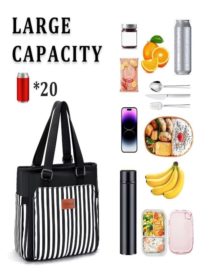 HSHRICH Large Women Lunch Bags for Work/Insulated Adult Lunch Box for Women. Reusable Lunch Cooler Purse for Work Picnic Hiking 14L, Black Stripes - Image 3