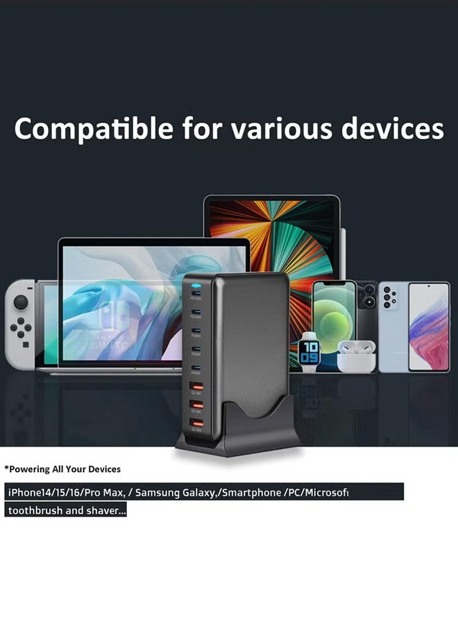 XiuWoo 440W GaN Charging Station, 5 Type-C Ports (2x PD100W, 3x PD65W) and 3 USB Ports (QC 18W) Fast Charge Wall Plug with Power Cord Black, for Phones, Computers, Cameras, Pads - Image 4