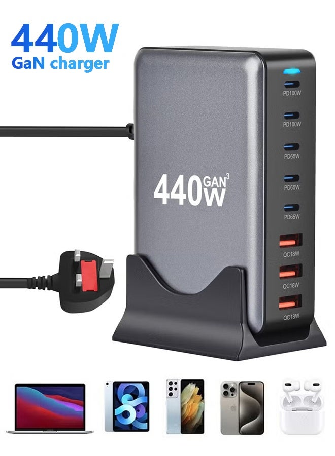 XiuWoo 440W GaN Charging Station, 5 Type-C Ports (2x PD100W, 3x PD65W) and 3 USB Ports (QC 18W) Fast Charge Wall Plug with Power Cord Black, for Phones, Computers, Cameras, Pads - Image 1