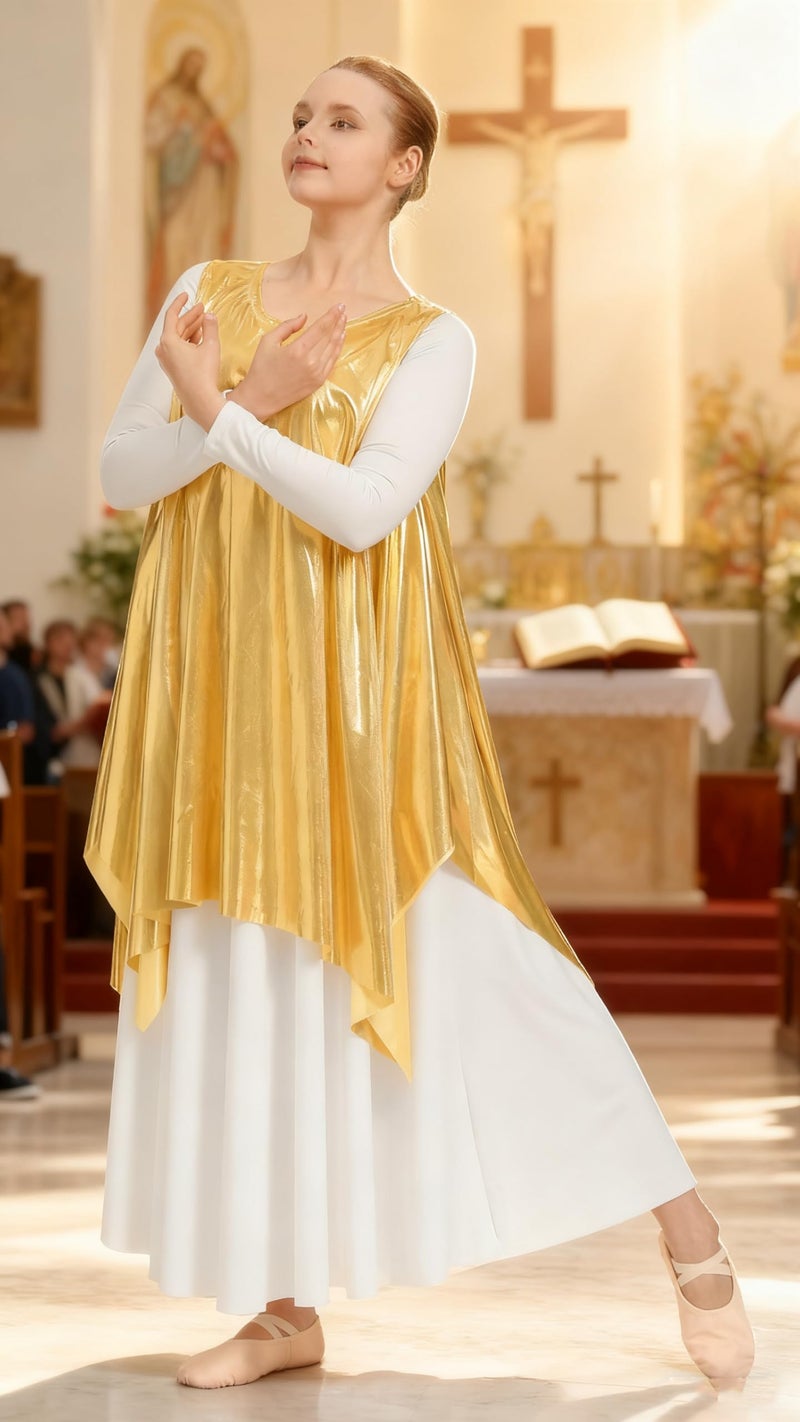 MOLLDAN 2-Piece Praise Dance Dress Set Tunic Liturgical Dancewear Irregular Worship Dress for Church Choir Performance(23855-07-0425-13-S) Metallic-White - Image 2