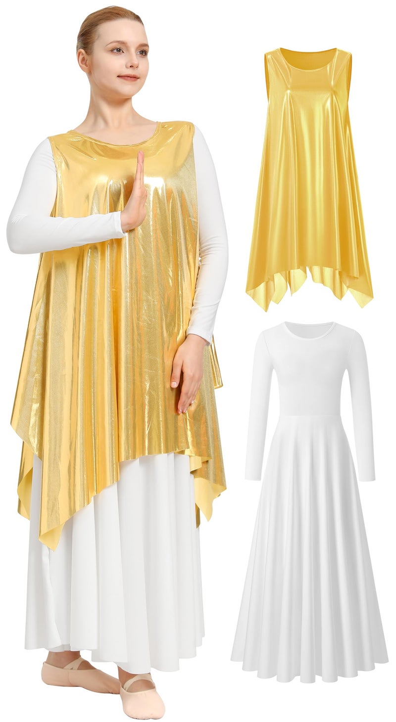 MOLLDAN 2-Piece Praise Dance Dress Set Tunic Liturgical Dancewear Irregular Worship Dress for Church Choir Performance(23855-07-0425-13-S) Metallic-White - Image 1