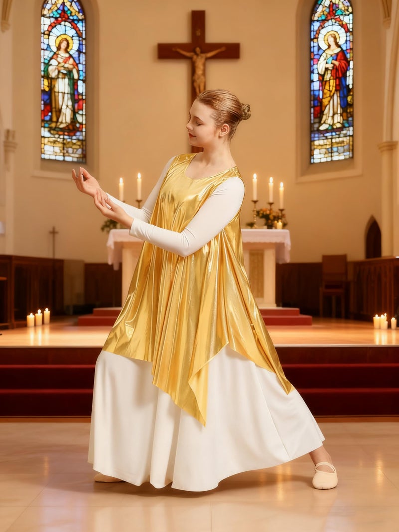 MOLLDAN 2-Piece Praise Dance Dress Set Tunic Liturgical Dancewear Irregular Worship Dress for Church Choir Performance(23855-07-0425-13-S) Metallic-White - Image 4