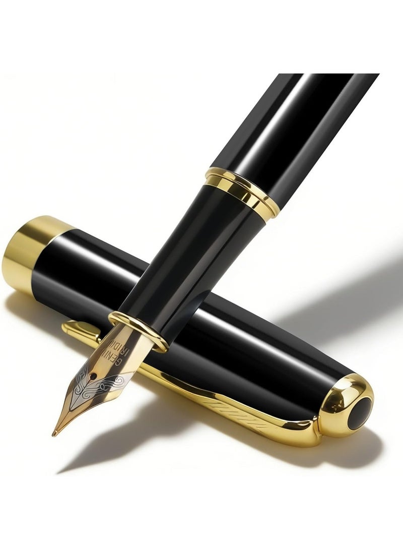 Merrystick Black Luxury Fountain Pen for Men and Women with Gift Box, Black Lacquer with Gold Trim, Medium Nib, Journaling, Calligraphy, Smooth Writing Pens, Office, Father's Day Gift - Image 1