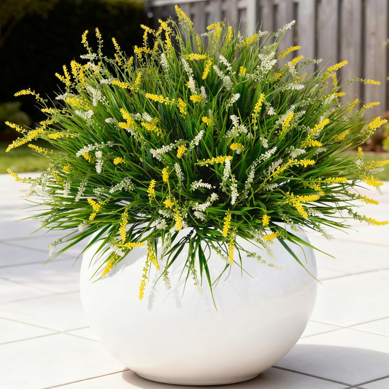 Ammyoo Artificial Faux Plants for Outdoor Spring Decoration, 12 Pcs Fake Monkey Grass for Garden Porch Balcony Planters, Fake Flowers Shrubs UV Resistant No Fade Plants Greenery Bush(Yellow White) - Image 1