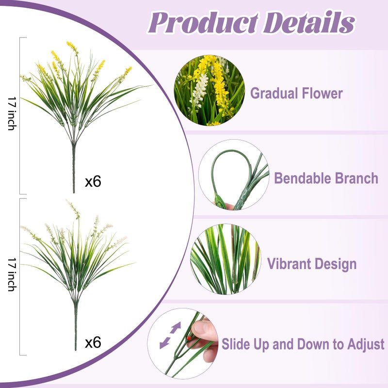 Ammyoo Artificial Faux Plants for Outdoor Spring Decoration, 12 Pcs Fake Monkey Grass for Garden Porch Balcony Planters, Fake Flowers Shrubs UV Resistant No Fade Plants Greenery Bush(Yellow White) - Image 2