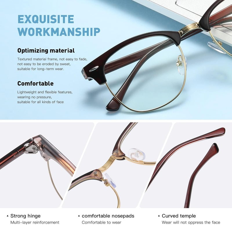 AOMASTE Store نظارات حجب الضوء الأزرق بتصميم عتيق إطار نصف دائري عدسة شفافة UV مضادة للإجهاد للكمبيوتر والألعاب للنساء والرجال (P51) - Image 3