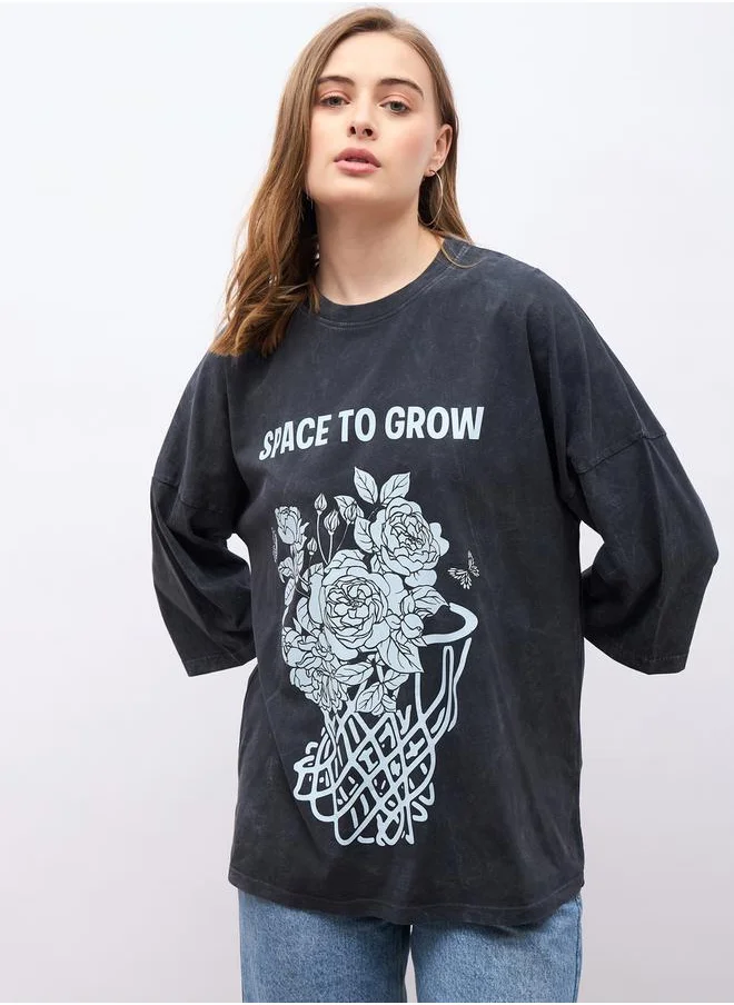 Styli Graphic Print Dropped Shoulders Oversized T-Shirt