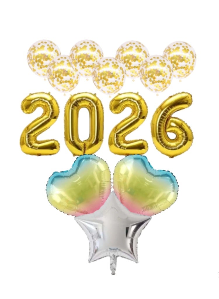“2026 Gold Number Foil Balloon Set with Heart, Star & Confetti Balloons – New Year, Anniversary & Party Decoration” - Image 1