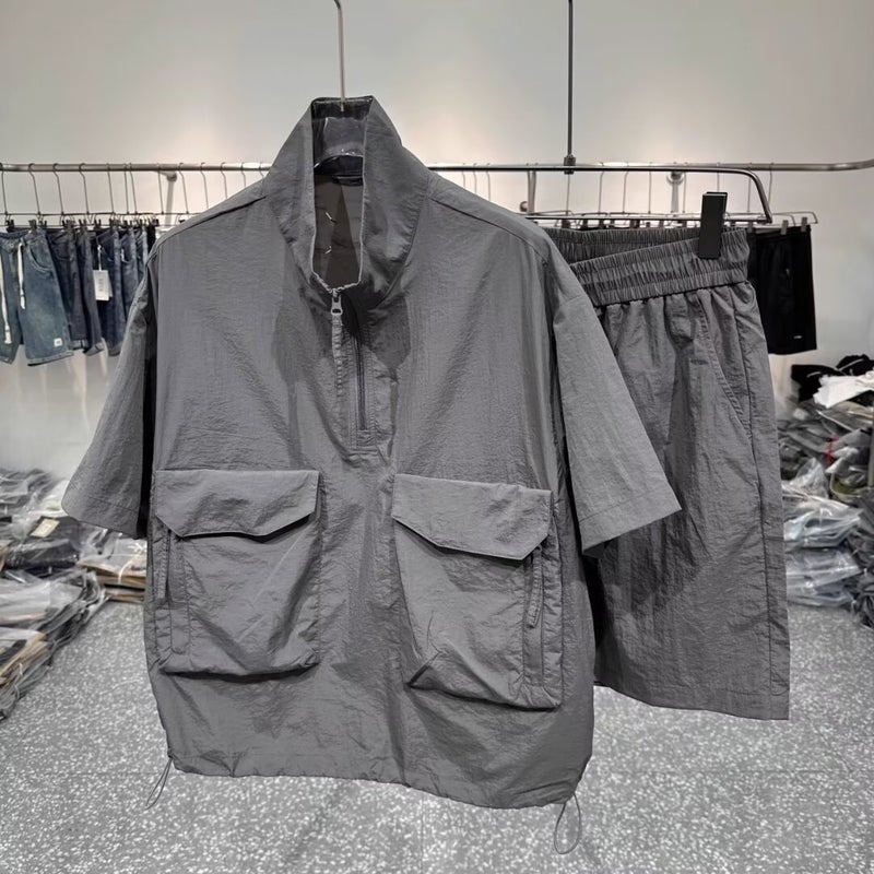 Summer Mens New Quick-drying Lightweight Short-sleeved Tooling suit Loose Simple Breathable Jacket Shorts Two-piece Set for Men gray set 