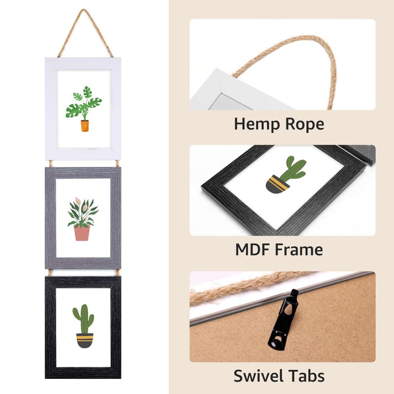 Lavezee 5x7 إطارات صور ملصقة للجدار معلقة 6 فتحة ثلاثية الإطار العمودي مصنوعة لعرض 7 × 5 بوصة طباعة ألوان متنوعة - Image 4