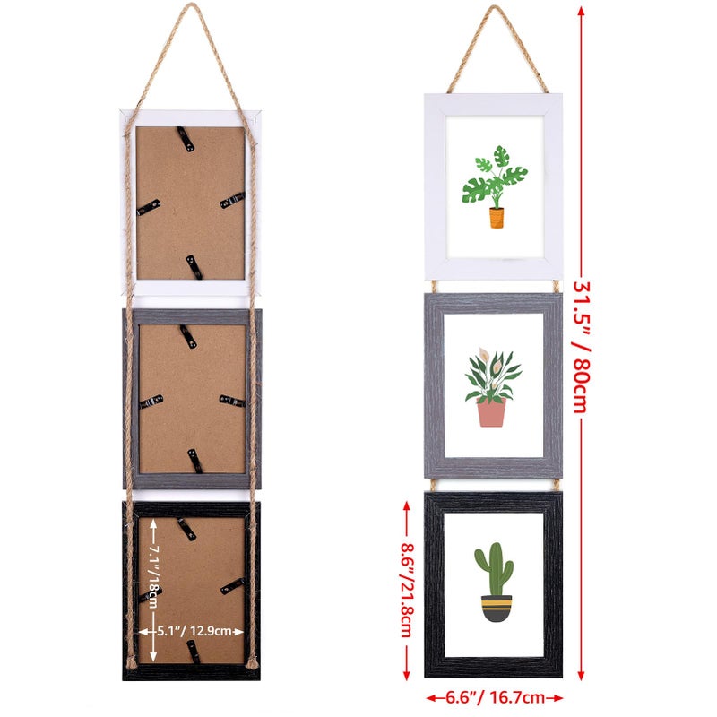 Lavezee 5x7 إطارات صور ملصقة للجدار معلقة 6 فتحة ثلاثية الإطار العمودي مصنوعة لعرض 7 × 5 بوصة طباعة ألوان متنوعة - Image 3