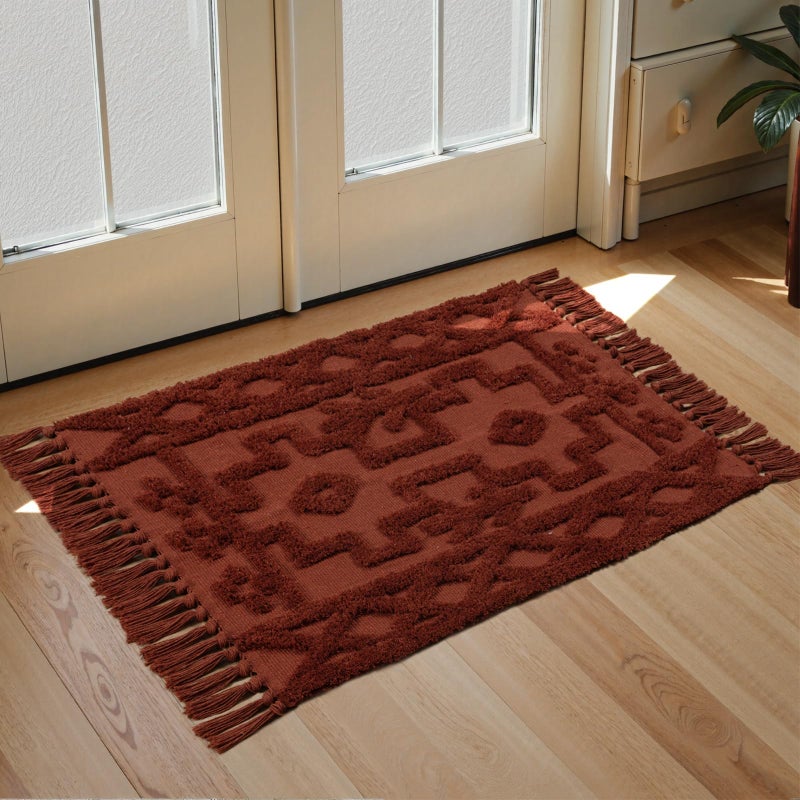 Uphome Boho Bathroom Rug 2' x 3', Washable Small Farmhouse Bedroom Rugs, Terracotta Geometric Bath Mats for Home Decor, Cotton Woven Moroccan Tufted Throw Rug for Entryway Front Door Kitchen - Image 1