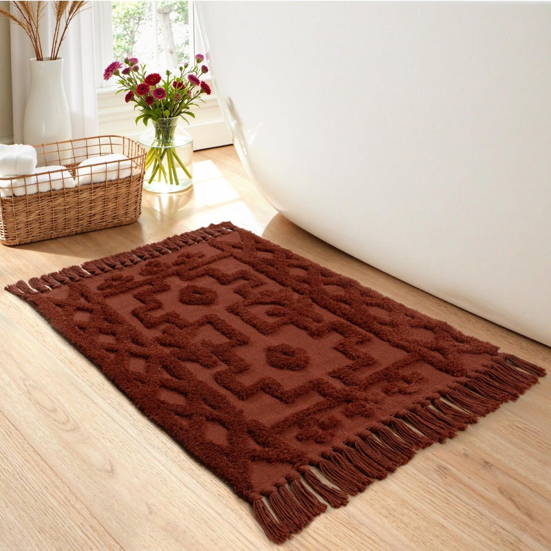 Uphome Boho Bathroom Rug 2' x 3', Washable Small Farmhouse Bedroom Rugs, Terracotta Geometric Bath Mats for Home Decor, Cotton Woven Moroccan Tufted Throw Rug for Entryway Front Door Kitchen - Image 2