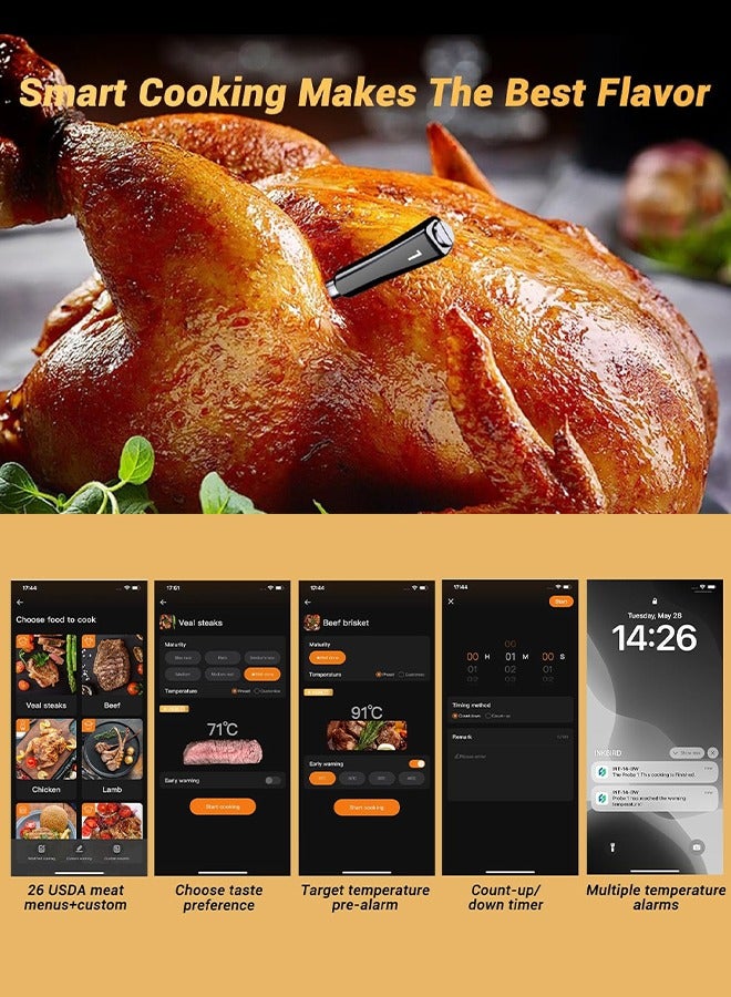 INKBIRD Wireless BBQ Thermometer INT-14-BW Three-Mode with 4 Probes WiFi Bluetooth Meat Thermometer with Temperature Pre-alarm and Timer IP67 Waterproof Smart Food Thermometer for BBQ Grill Oven