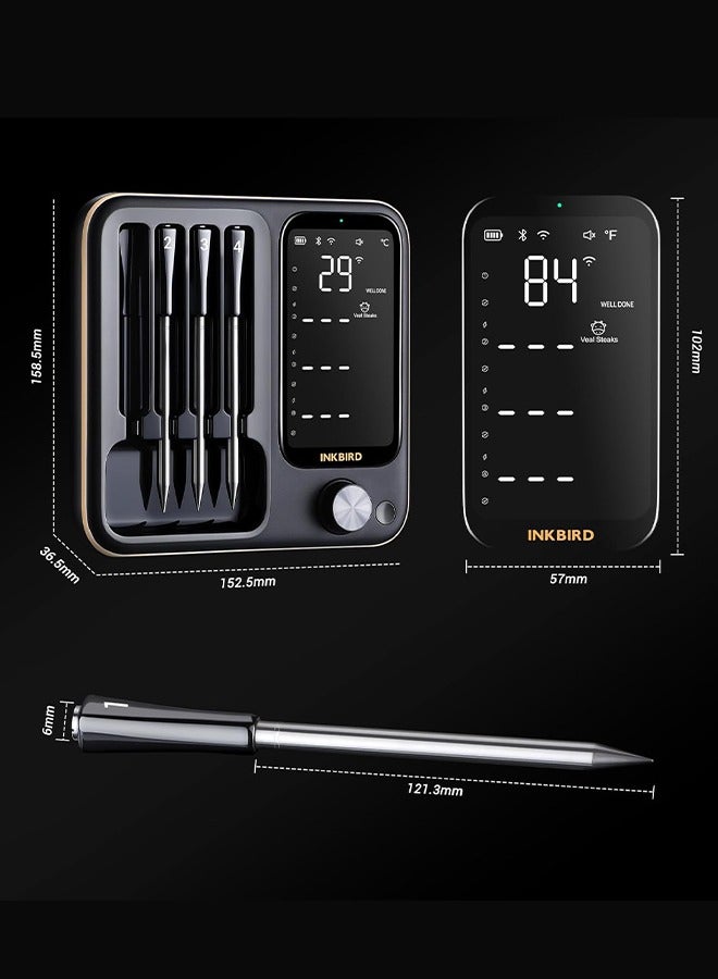 INKBIRD Wireless BBQ Thermometer INT-14-BW Three-Mode with 4 Probes WiFi Bluetooth Meat Thermometer with Temperature Pre-alarm and Timer IP67 Waterproof Smart Food Thermometer for BBQ Grill Oven