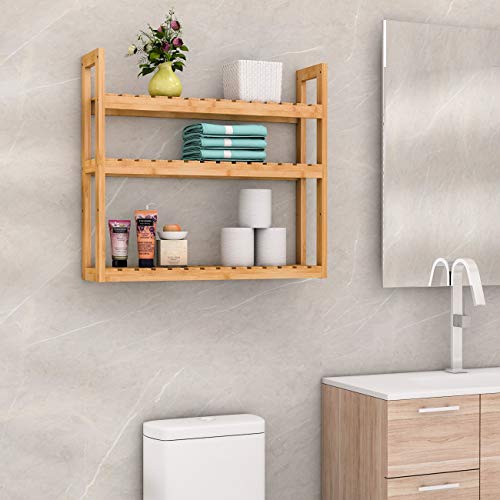 Domax Bamboo Bathroom Shelf 3-Tier Wall Mount Storage Rack Multifunctional Adjustable Layer Free Standing Over Toilet Utility Shelves Living Room Kitchen (Bamboo) - Image 2