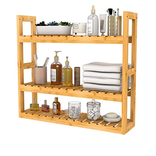 Domax Bamboo Bathroom Shelf 3-Tier Wall Mount Storage Rack Multifunctional Adjustable Layer Free Standing Over Toilet Utility Shelves Living Room Kitchen (Bamboo) - Image 1