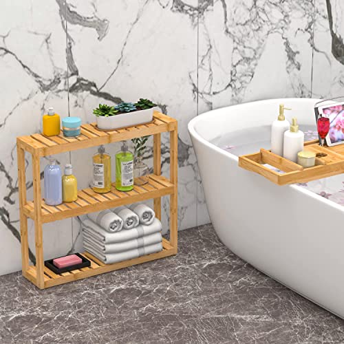 Domax Bamboo Bathroom Shelf 3-Tier Wall Mount Storage Rack Multifunctional Adjustable Layer Free Standing Over Toilet Utility Shelves Living Room Kitchen (Bamboo) - Image 3