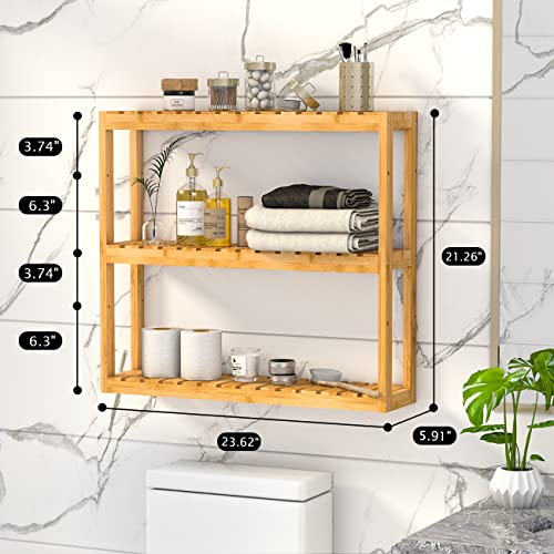 Domax Bamboo Bathroom Shelf 3-Tier Wall Mount Storage Rack Multifunctional Adjustable Layer Free Standing Over Toilet Utility Shelves Living Room Kitchen (Bamboo) - Image 5