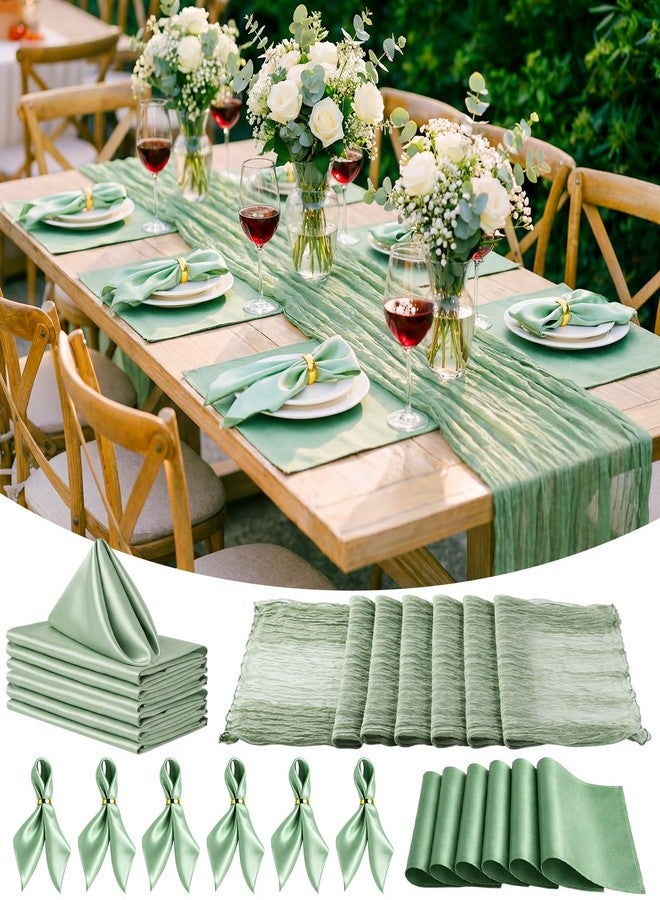 Patelai 19 Pcs Sage Green Table Runner Sets, 6 Placemats 6 Square Napkins with Napkin Rings Sets for Kitchen Dining Table Wedding Baby Shower Party Decorations - Image 1