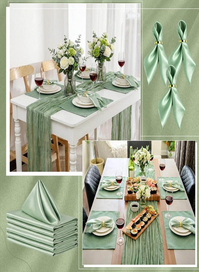 Patelai 19 Pcs Sage Green Table Runner Sets, 6 Placemats 6 Square Napkins with Napkin Rings Sets for Kitchen Dining Table Wedding Baby Shower Party Decorations - Image 2