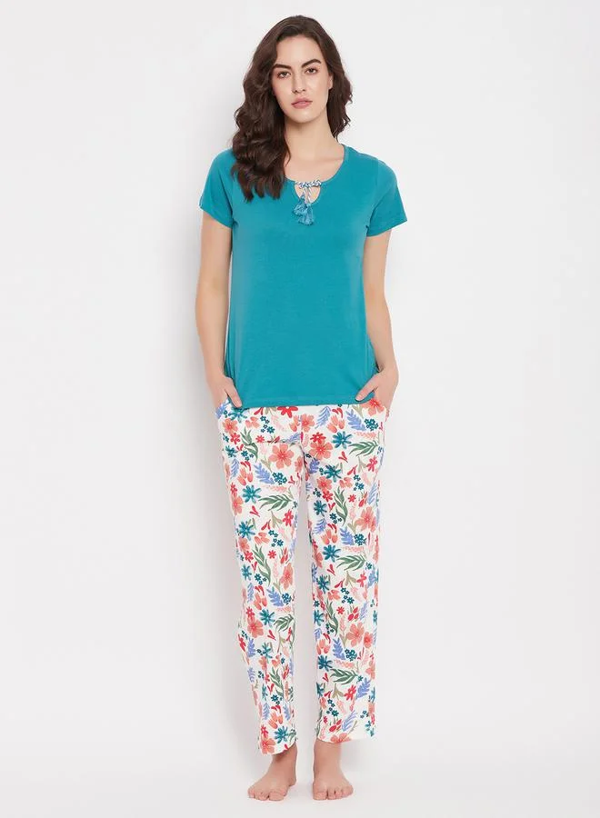 Clovia Tie-Up Detail Solid Top & Tie-Dye Print Pyjama Set by Styli