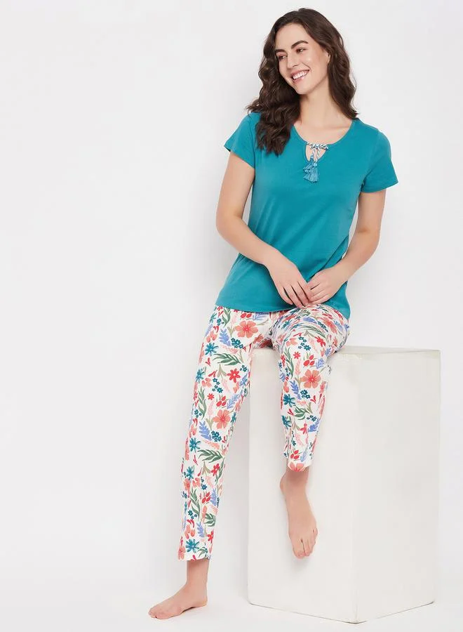 Clovia Tie-Up Detail Solid Top & Tie-Dye Print Pyjama Set by Styli