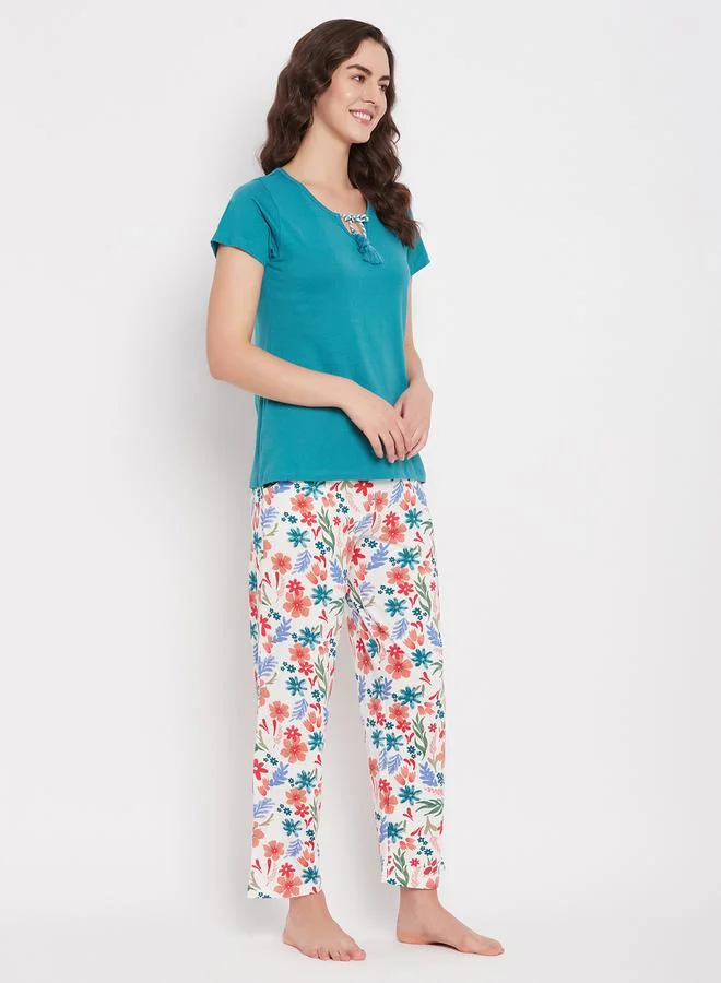 Clovia Tie-Up Detail Solid Top & Tie-Dye Print Pyjama Set by Styli