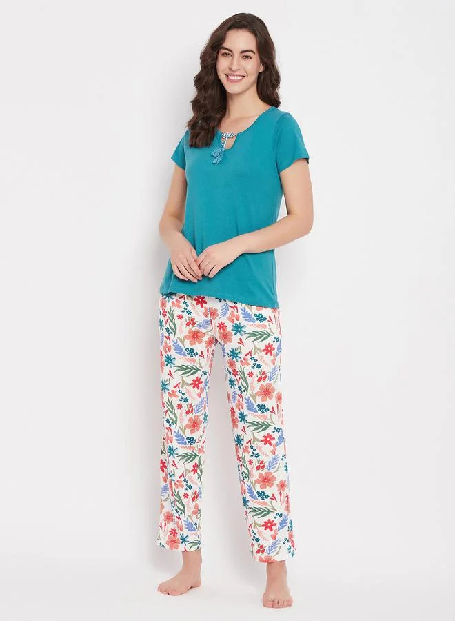 Clovia Tie-Up Detail Solid Top & Tie-Dye Print Pyjama Set by Styli