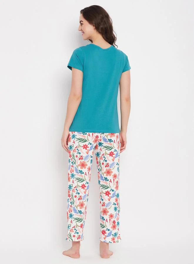 Clovia Tie-Up Detail Solid Top & Tie-Dye Print Pyjama Set by Styli