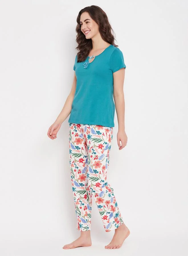 Clovia Tie-Up Detail Solid Top & Tie-Dye Print Pyjama Set by Styli