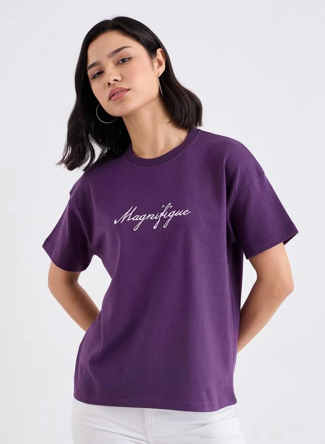 Styli Styli Purple Embroidered Slogan Boxy T-Shirt