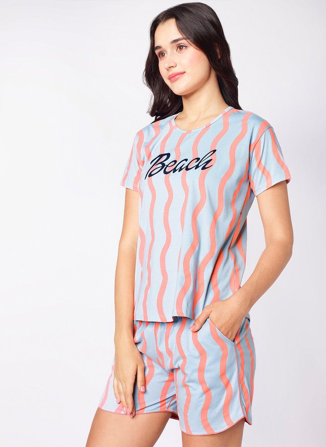 beebelle Peach-Coloured & Grey Striped Printed Round Neck Night Suit - Image 4