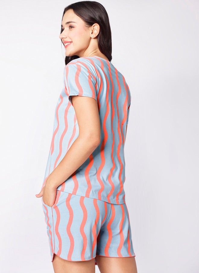 beebelle Peach-Coloured & Grey Striped Printed Round Neck Night Suit - Image 5